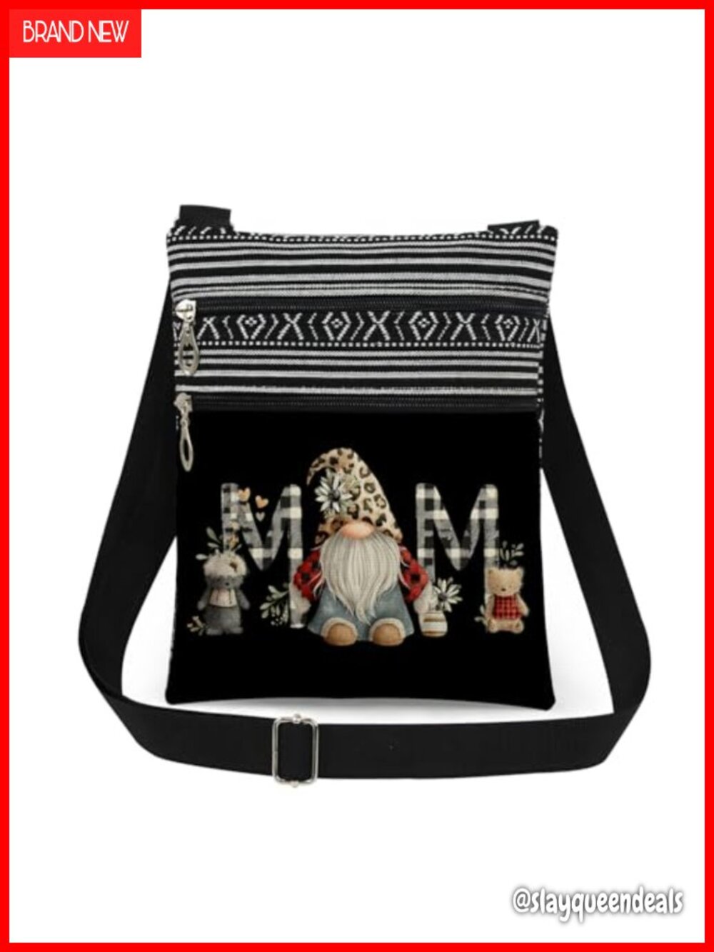 Gnome MOM Print Crossbody Bag Polyester Adjustable Strap Double Zipper